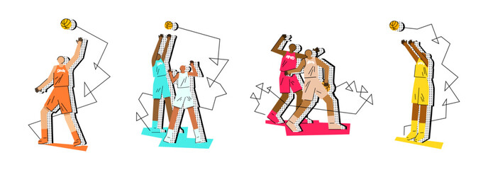 Basketball players in various poses. Set of vector icons isolated on white background