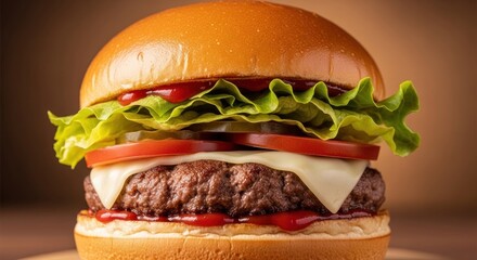 Delicious burger, featuring a golden-brown bun, juicy beef patty, fresh lettuce, sliced tomatoes, melted cheese, pickles, and a drizzle of red sauce, creating an appetizing  of a savory meal.