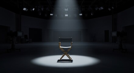 A single wooden director's chair is illuminated by a spotlight in a dimly lit  space, creating a strong contrast of light and shadow, alongside professional camera equipment and bright overhead...