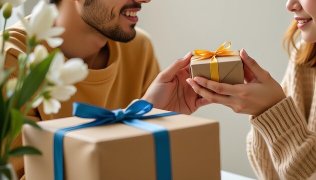 Close-up of a couple exchanging small gifts, neatly wrapped and tied with a gold bow. In the foreground, a larger gift tied with a silver ribbon is seen in the hands, symbolizing giving and happiness.