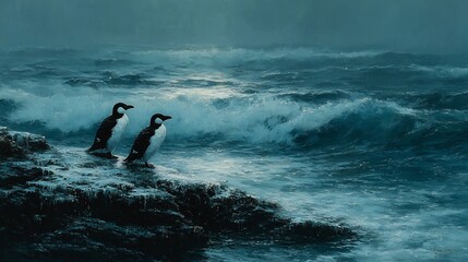 Moody seascape featuring two penguins perched on rocks, gazing out at the stormy ocean waves, creating a sense of serene contemplation in nature