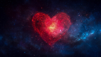 Glowing red heart shape formed from cosmic nebula and stardust in deep space