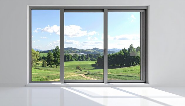 Bright interior features a large window framing a vibrant countryside scene with green fields, rolling hills, and a clear blue sky filled with fluffy white clouds, bathed in natural sunlight.