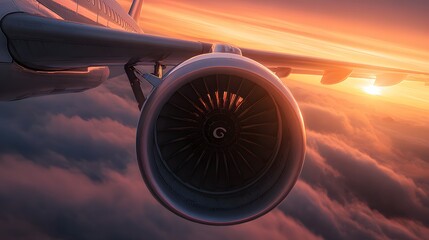 Airplane engine flying above clouds at sunset