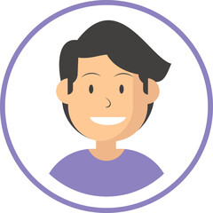 Cartoon portrait of a smiling young man with stylish haircut in a circle frame