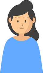 Cartoon portrait of a woman with a blue shirt and dark hair on black background
