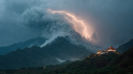 Dramatic lightning storm over mountain peaks illuminates ancient temple in Bhutan, creating stunning visual spectacle with cultural and spiritual significance