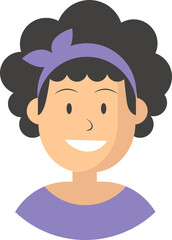 Portrait of woman with curly hair and headscarf, cheerful expression, flat style illustration