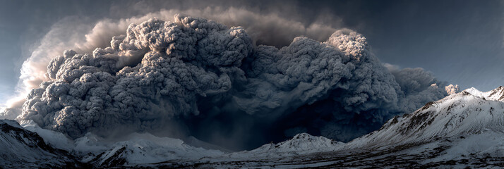 Wide panoramic image of a massive, dark volcanic ash cloud or pyroclastic flow over snow-covered mountains, suggesting a natural disaster or extreme weather.