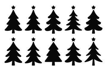 Ten black christmas trees isolated on white background for decoration