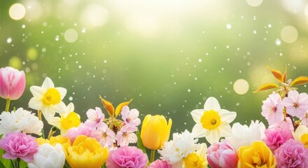Various blooming flowers, including tulips and daffodils, create a colorful and vibrant display against a soft green background, with gentle bokeh effects adding a touch of dreamy atmosphere to the...