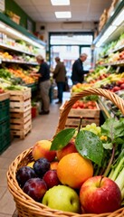 Obraz premium Close-up of colorful fruits and vegetables in a basket with shop background.