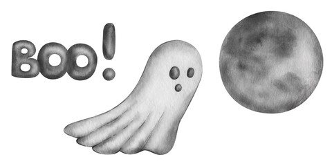 Watercolor illustration. Halloween set. Hand painted black and white flying ghost, spirit, poltergeist with face. Hand written text Boo, full Moon. All hallows eve. Isolated clip art elements
