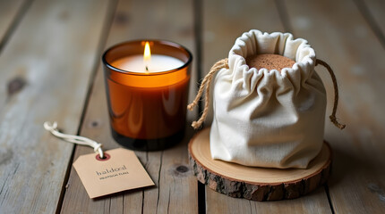 Eco-friendly candle in amber glass jar.
