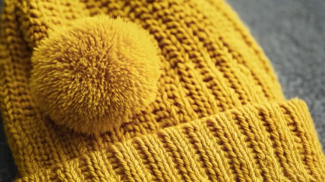 A bright and cheerful knitted hat with a fluffy pom pom on top, perfect for adding a pop of color to any outfit