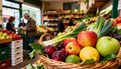 Close-up of colorful fruits and vegetables in a basket with shop background.