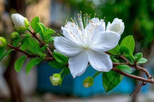 Myrtle flower blooming with delicate white petals and buds