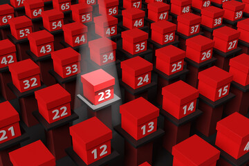 Many red gift boxes labelled with white numbers on a stand with one spotlighted on a black background. Illustration of the concept of lucky draw, possibilities and game shows