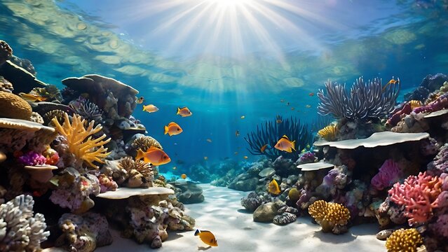 Bright underwater coral reef with colorful fish, clear blue ocean water, and sun rays creating vivid marine life. - Powered by Adobe