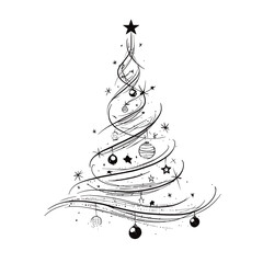 Decorative hand drawn sketch of Christmas tree with stars and ornaments. Perfect for seasonal cards, posters and holiday designs