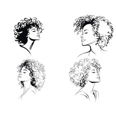 Collection of four line art sketches of women with curly hairstyles. Elegant and expressive illustration for fashion and beauty projects