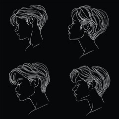 Collection of four minimalist line art sketches of female profiles with short hair. Elegant illustration for fashion and beauty projects