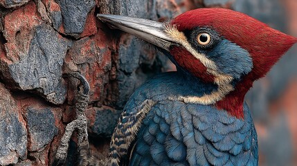 Stunning portrait of a red-headed woodpecker clinging to a tree, showcasing its vibrant plumage and sharp beak in exquisite detail, nature wildlife art
