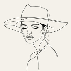 Elegant line drawing of a woman wearing a wide hat. Perfect for fashion, lifestyle and editorial projects