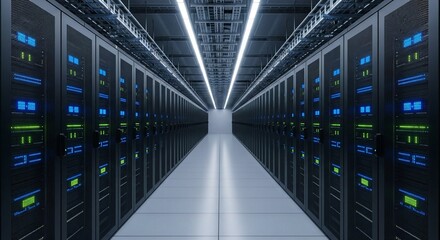 Data Center Interior Rows of Servers in a Modern Computing Environment Under Bright Lights