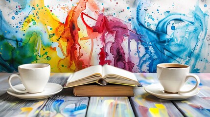A cozy scene featuring an open book and two cups of coffee on a colorful painted background.