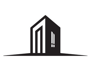 Stylized black silhouette of a skyscraper with sharp angles 