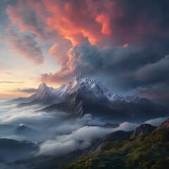 Dramatic misty mountain peak at dawn with drifting clouds and cinematic light, panoramic natural beauty.