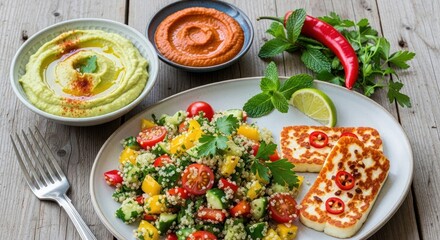 A vibrant,   shot presents a delicious, healthy meal arrangement, including a dish of quinoa salad with fresh vegetables, grilled cheese, hummus, and a flavorful red sauce served on a wooden surface