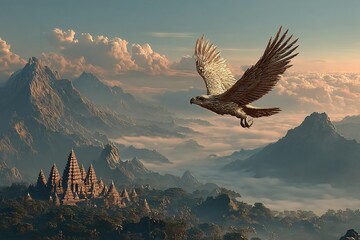 Majestic golden eagle soars above ancient temple in breathtaking mountain landscape with dreamy clouds, perfect for travel and adventure inspiration