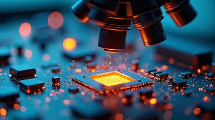 A laser engraver meticulously etches designs onto a circuit board amid glowing orange lights in a modern manufacturing environment, advanced AI technology in action.