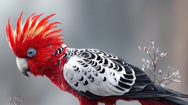 Vibrant red crested parrot bird portrait on neutral background