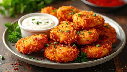Deliciously golden-brown, crispy fried food is artistically arranged on a plate with a creamy dipping sauce and fresh green herbs, creating an appetizing still life that highlights the textures and...