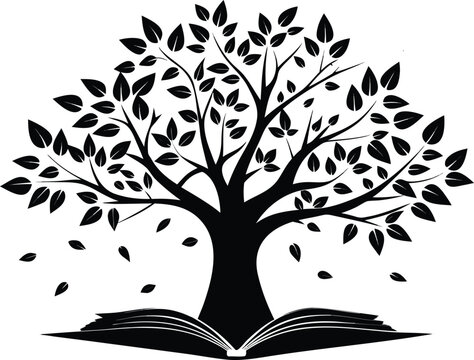 Black silhouette of a tree with falling leaves over an open book