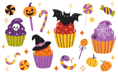 vector cute set halloween sweets cupcakes and candy corns lollipops, desserts collection trick or treat, isolated on a white background