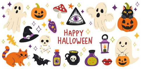 set Happy Halloween day element vector. Cute collection creepy ghost, pumpkin, bat, candy, cat, skull, spider, grave . Adorable festival elements for decoration, prints, isolated on a white background