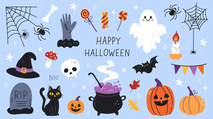 Naklejka premium set of scary items for celebrating Halloween. collection Vector graphics, isolated on background