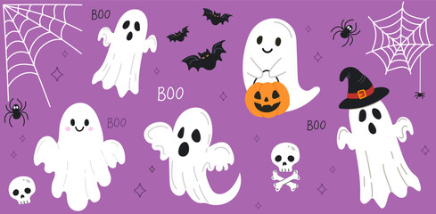 Cute ghosts Halloween illustration set. collection isolated background