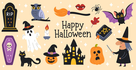 set Happy Halloween day element vector. Cute collection creepy ghost pumpkin bat candy cat skull spider grave . Adorable festival elements for decoration, prints, isolated