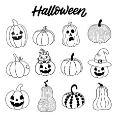 Halloween pumpkins set vector design. pumpkin , black and white. funny faces with witch hat isolated on white background for holiday spooky trick or treat collection outline