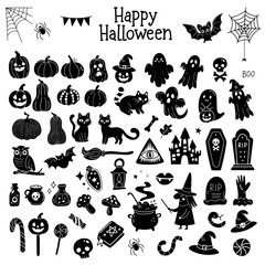 Big collection silhouettes Halloween. Horror set sticker sketch. Hand drawn doodle and magic Vector element Logo, Pumpkins, ghosts, skull, cats, isolated white background
