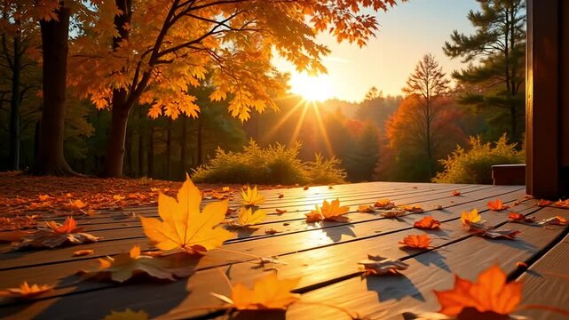 Golden autumn sunlight streams across a rustic deck scattered with vibrant fallen leaves, evoking warmth and seasonal beauty.