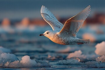 Elegant seagull soars gracefully over icy waters at sunset, creating a serene and captivating coastal scene for travel and nature inspiration