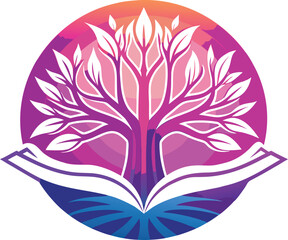 Fototapeta premium Open book with tree of knowledge and colorful sky education