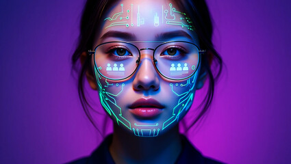 Futuristic woman with glowing circuit patterns on face technology