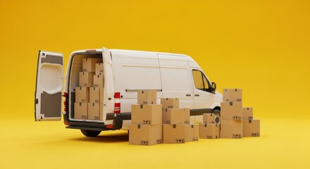 Delivery van filled with numerous cardboard boxes ready for transport, placed on a bright yellow background. The van's back doors are open, revealing the stacked parcels.